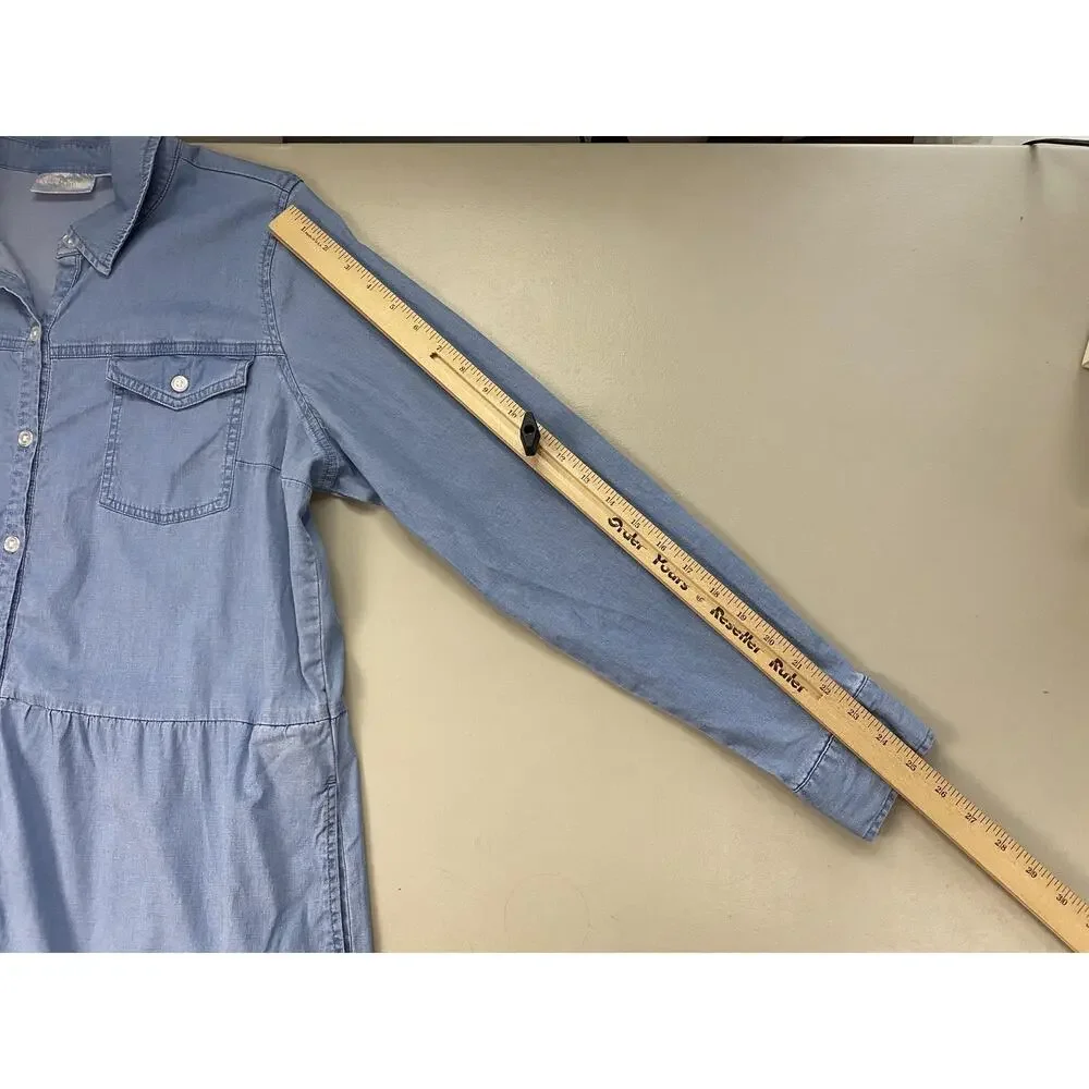 Belle BOHO Kim Gravel Chambray Dress Large Blue Denim Tiered Pockets Ruffle - Picture 7 of 13